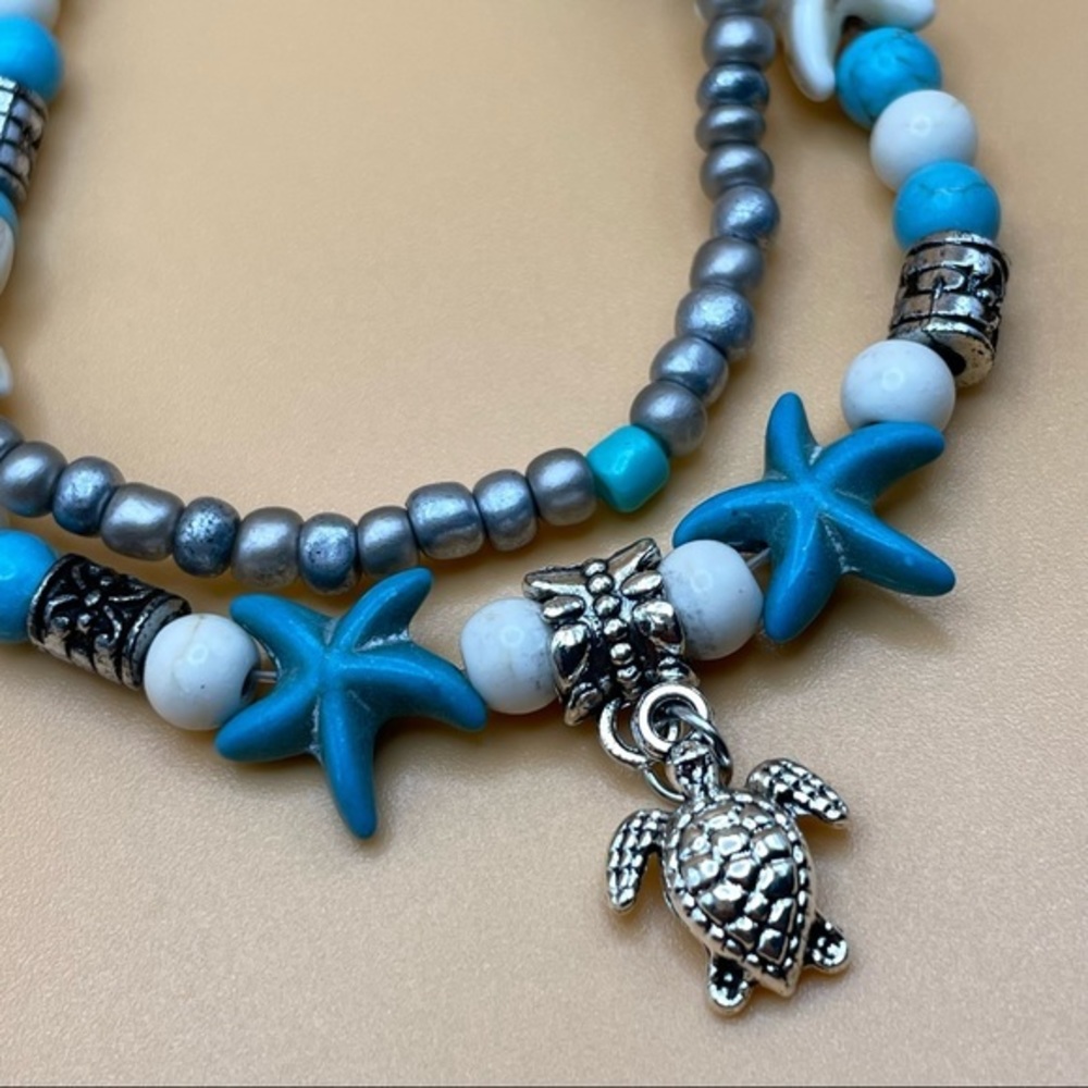 Starfish Sea Turtle Beads Charm Multi Strand Boho Beachy Anklet Ankle Bracelet - Picture 3 of 5